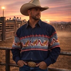 Western Americana Pearl Snap Shirt Mens XL Blue USA Flag Eagle Rodeo Ranch